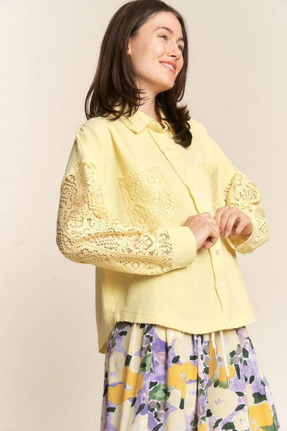 J.NNA Button Down Lace Long Sleeve Waffle Shirt for Women