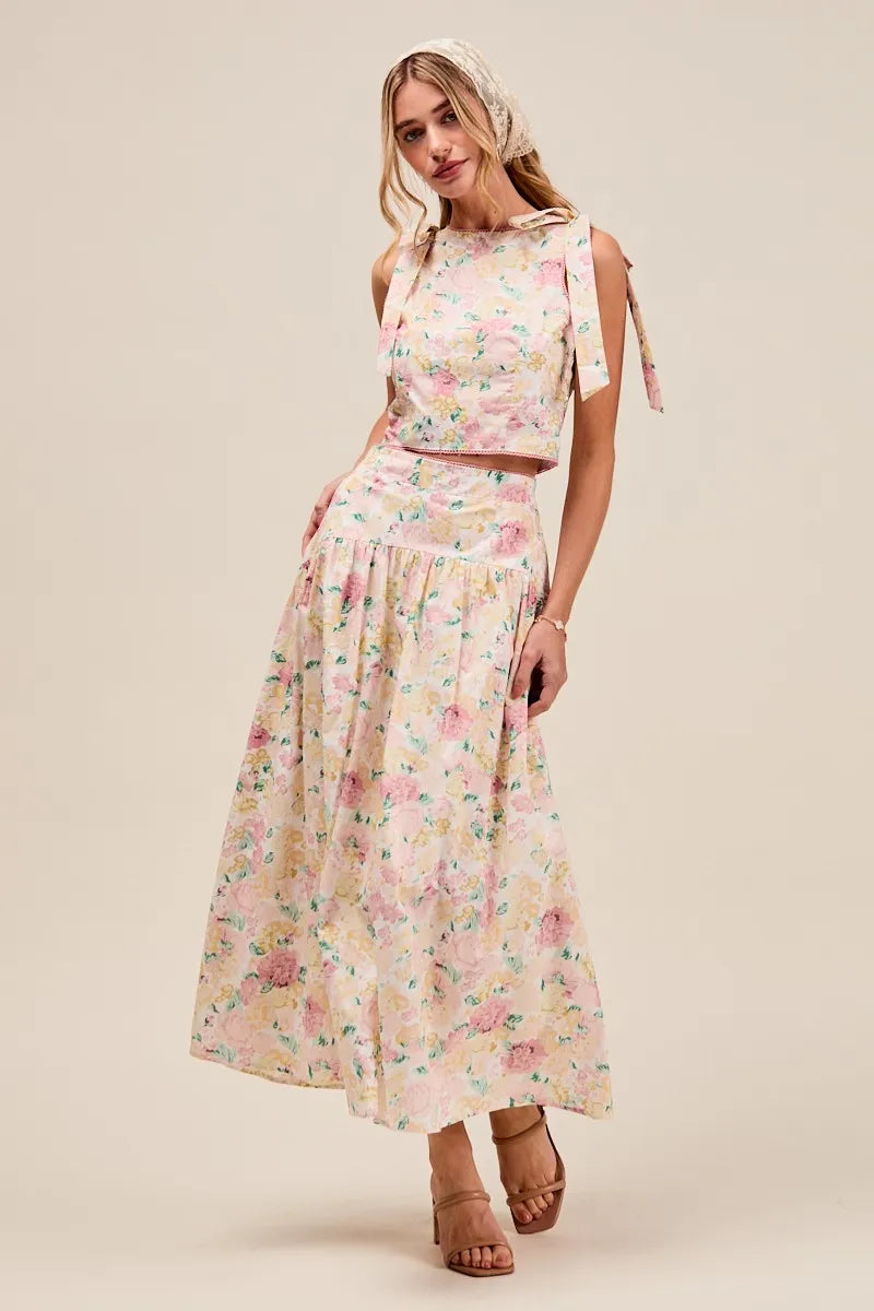 SO ME Floral Printed Woven Shoulder Bow Tie Top and Skirt Set