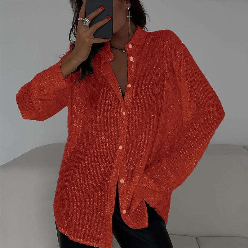Spring Summer New European And American Sequin Top With Turn-down Collar, Long Sleeve Cardigan, Basic Cross-border Women's Shirt Jacket