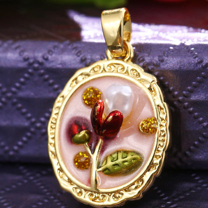 Floral-Painted Dripped-Glaze Universal-Clip Necklace DIY Pendant