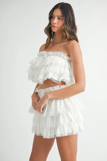 MABLE Ruffle Layered Crop Top and Mini Skirt Set