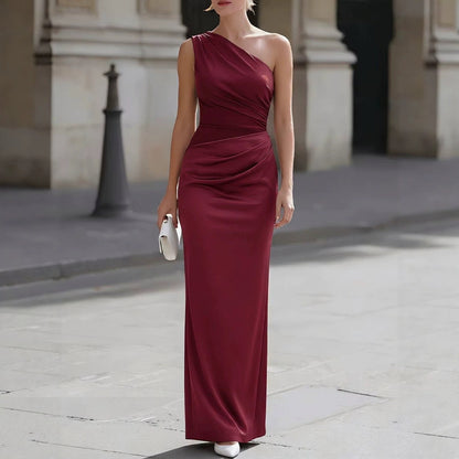 European And American Womens Solid-color Satin Sheath Evening Gown High-waisted Sleeveless For Banquets