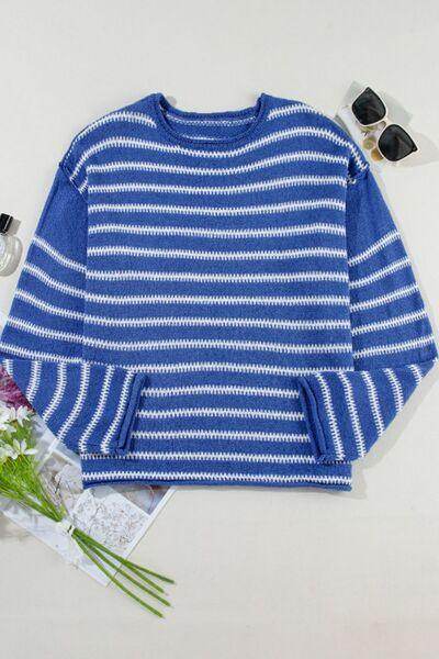 Striped Round Neck Dropped Shoulder Sweater for Women