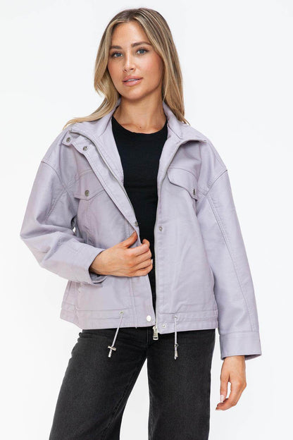 How Dare U Drawstring Hem PU Leather Zip Up Jacket Women