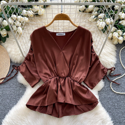 Women's Versatile Drawstring Short-sleeve Waist-cinching Satin Blouse