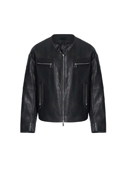 Niche V-neck Zipper Design Leather Coat For Men