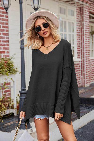 Slit V-Neck Dropped Shoulder Sweater for Effortless Style
