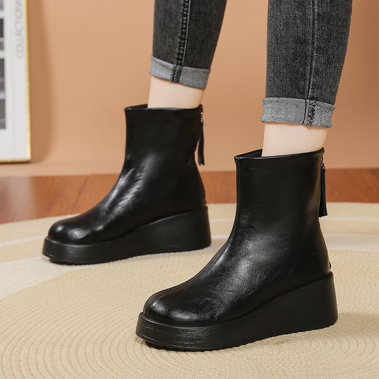 Retro Fashion And Comfortable Short Boots, New Round Toe Thick Sole Height Increasing Single Boot