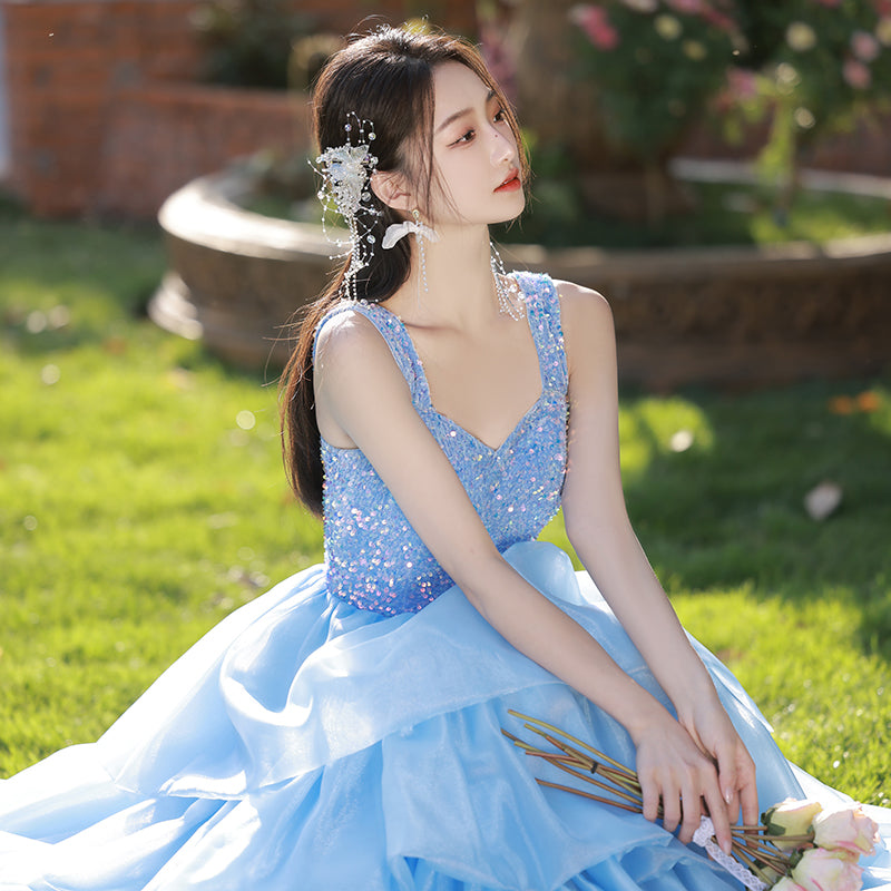 Women's Blue Halter Wedding Gown Birthday Host