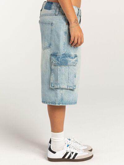 Mid-Rise Waist Denim Shorts with Pockets for Women