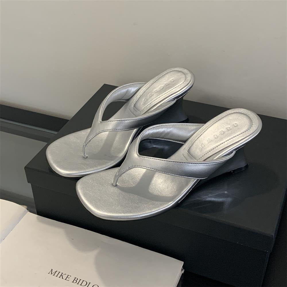 Square-toe Wedge Thong Sandals With High Heels