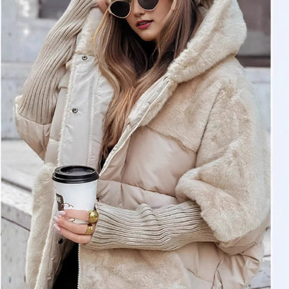 Women's Loose Cotton Coat Faux Fur Patchwork Winter Coat Comfort Chic Long Sleeve Hooded Jacket