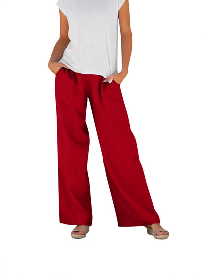 Solid-color Loose-fitting Elastic-waist Wide-leg Casual Pants