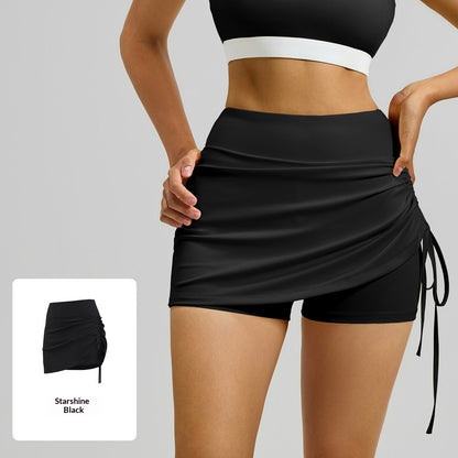 Womens Solid-color High-waisted Ruched Sports Skirt