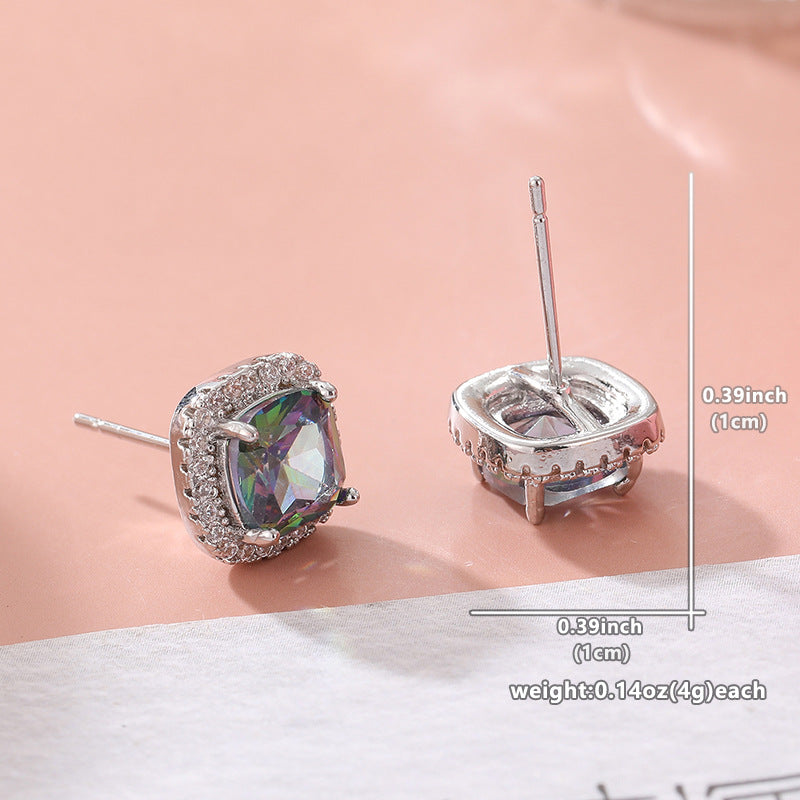 Rainbow Square Crystal Stud Earrings Silver Tone Brass Women Elegant Party Fashion Jewelry Sparkling Statement