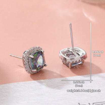 Rainbow Square Crystal Stud Earrings Silver Tone Brass Women Elegant Party Fashion Jewelry Sparkling Statement