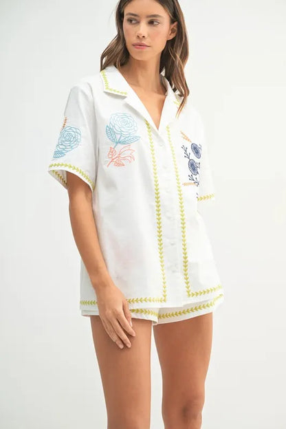 MABLE Embroidered Button Down Shirt and Shorts Set