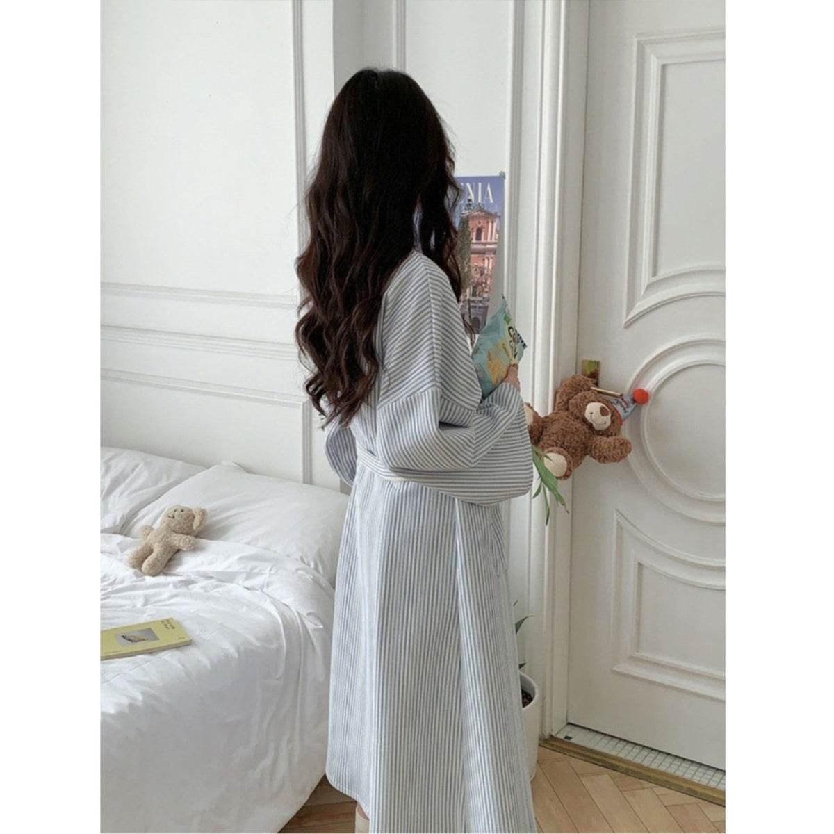 Women's Simple Striped Robe Bathrobe Loungewear