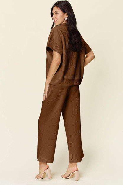 Double Take Full Size Texture Half Zip Short Sleeve Top Set