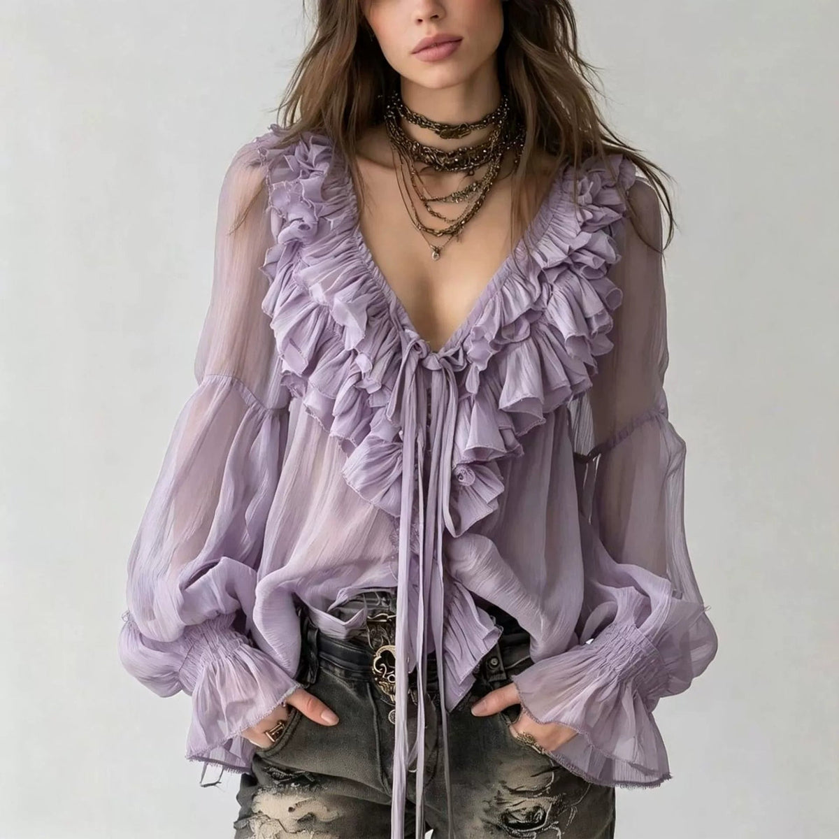 Womens Fashionable Casual V-Neck Long-Sleeve Ruffle-Trim Shirt