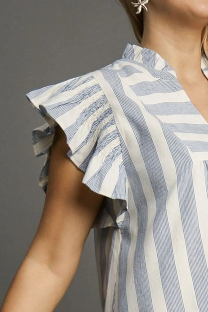 Umgee Full Size Striped Notched Ruffled Cap Sleeve Mini Dress Plus Size