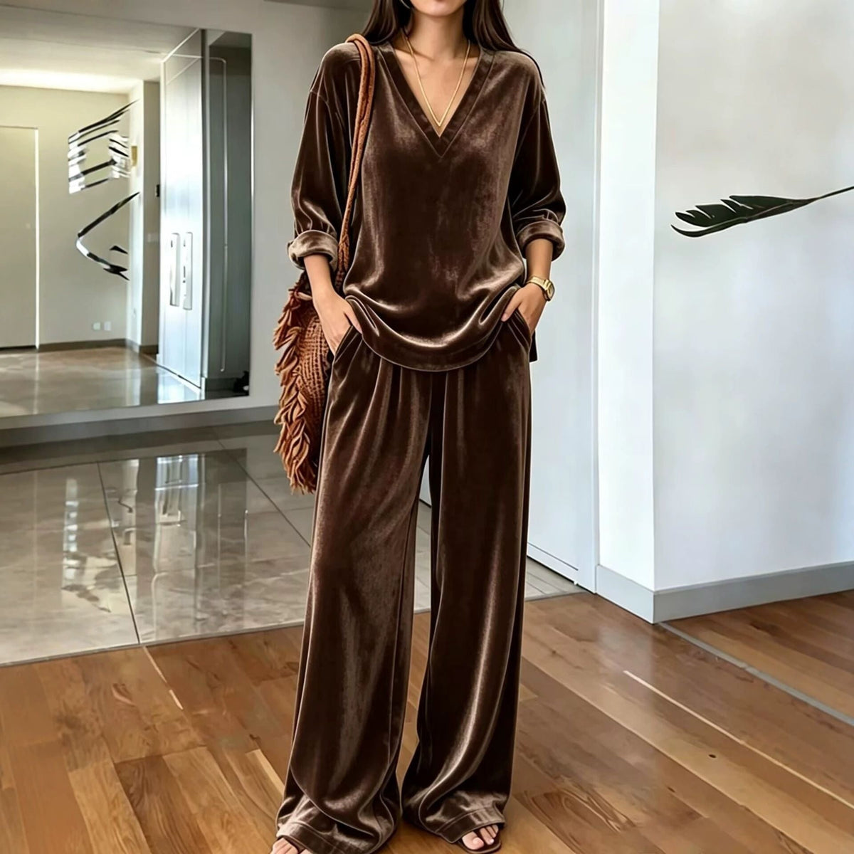 Women's Solid Color V-Neck Top And Wide-Leg Pants Set