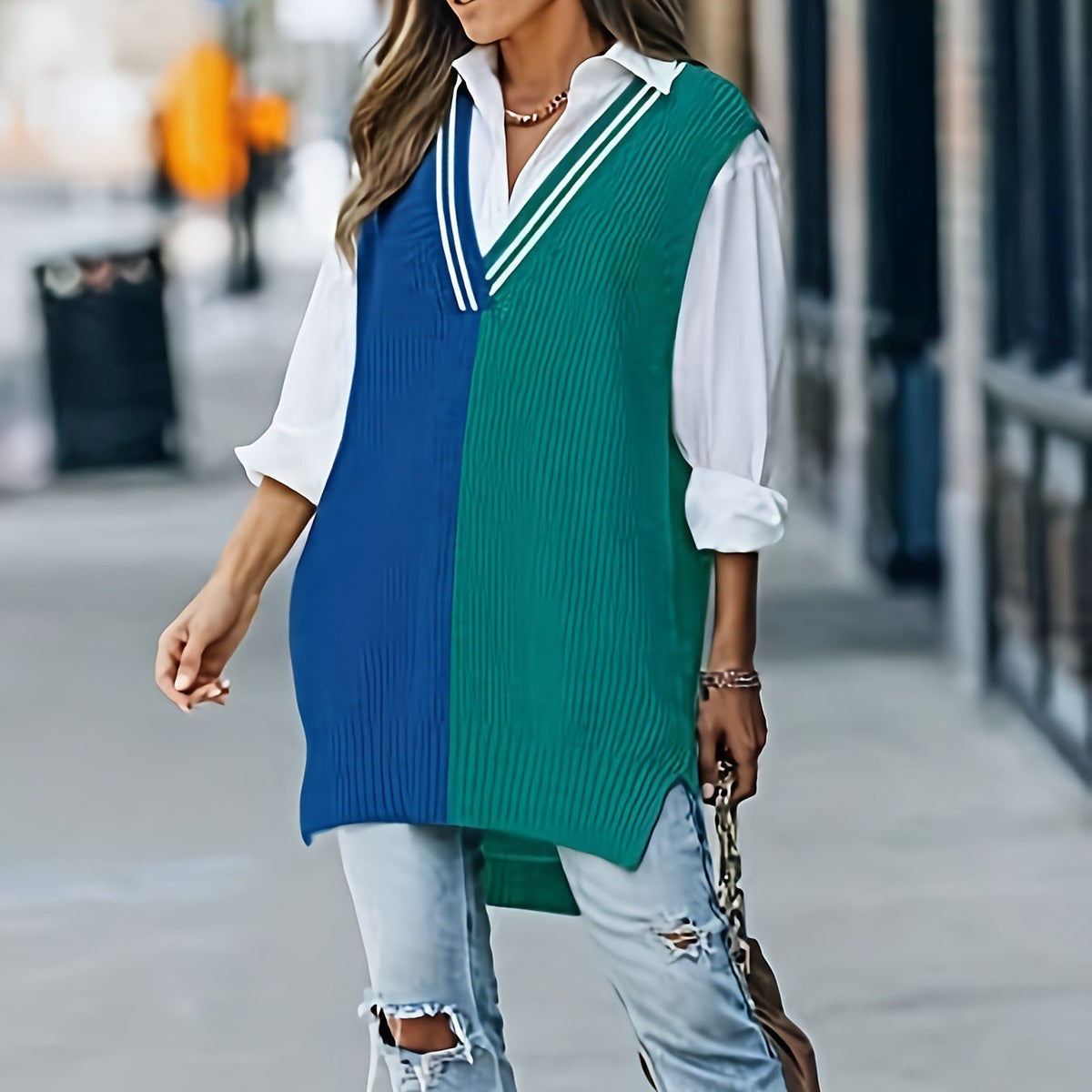 Color-block Casual V-neck Autumnwinter Vest Womens Sweater