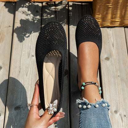 Solid Color Round Head Flying Woven Flat Pumps Women