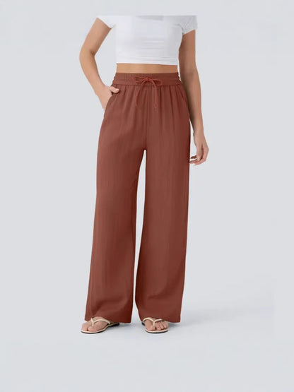 2026 High-Waisted Drawstring Side Pocket Casual Style Linen Flowy Elastic Beach Wide-Leg Pants Women's Cloud Cotton Casual Pants