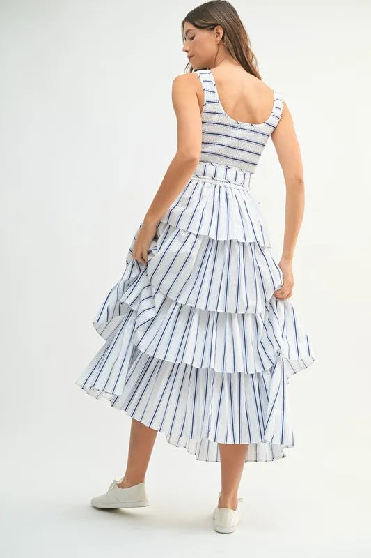 MABLE Pin Stripe Smocked Bodice Layered Midi Dress