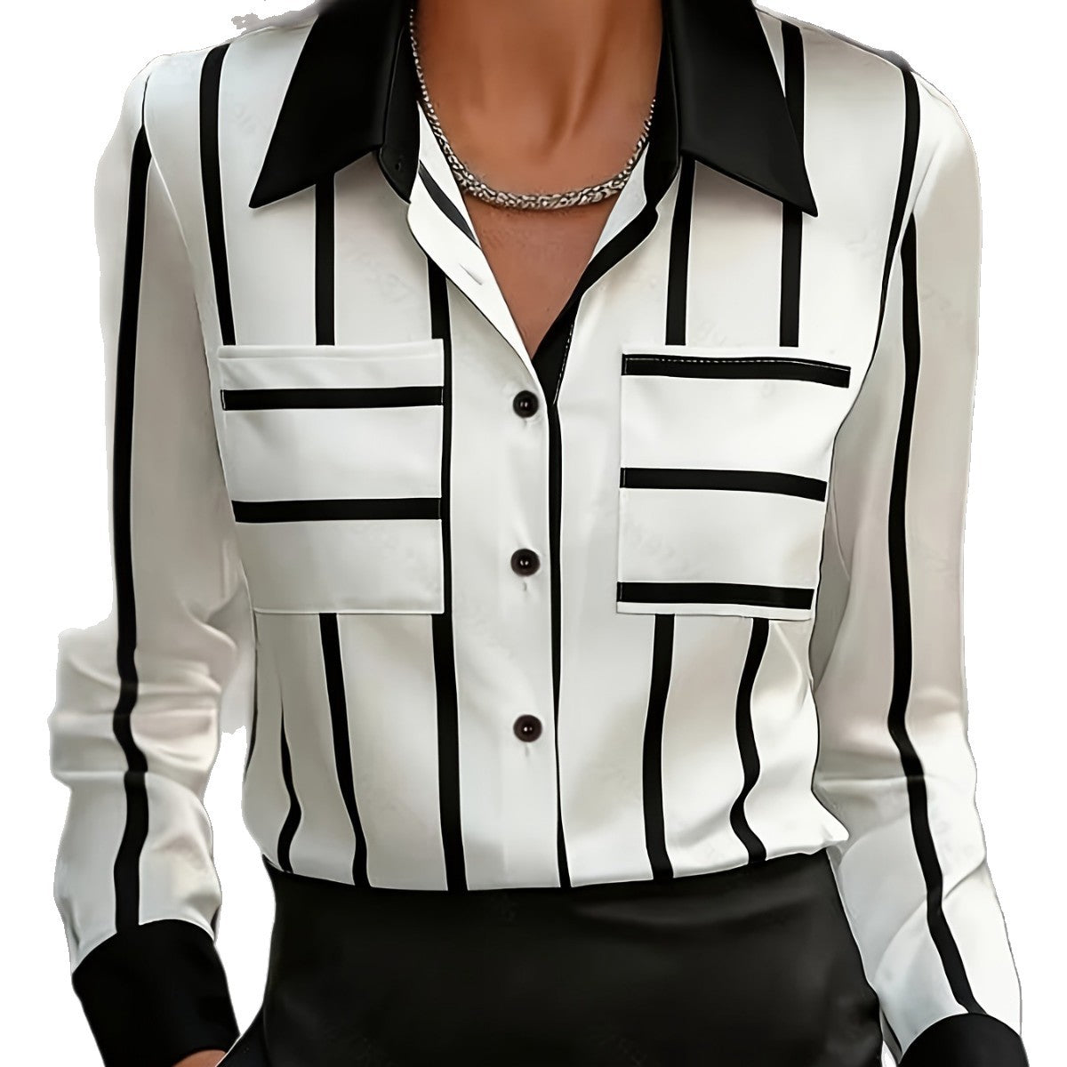 Womens Casual Loose-fit Long-sleeve Shirt With Vertical Striped Color-block Design