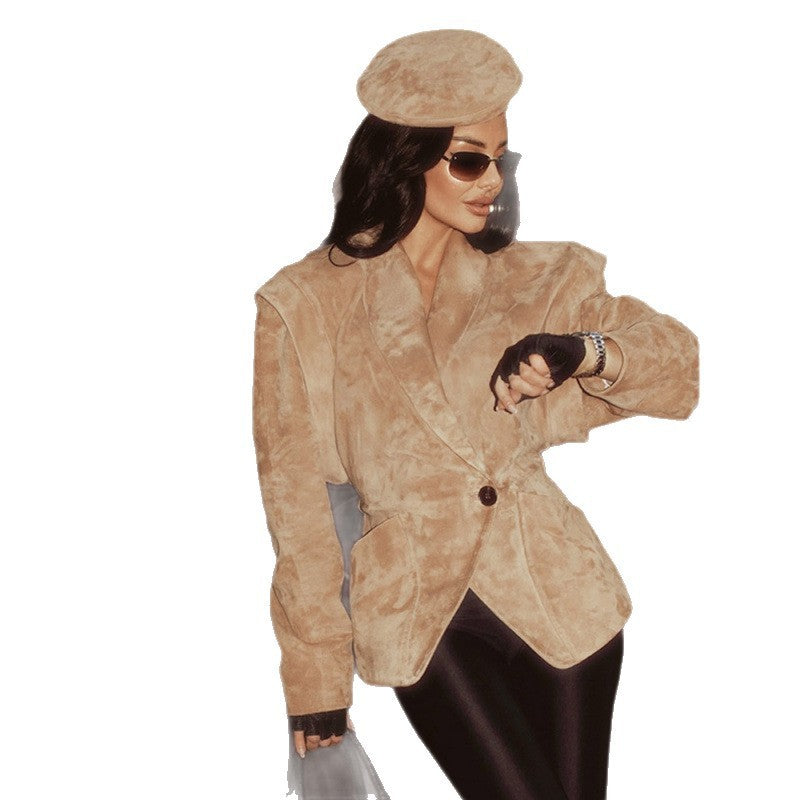 Solid Color Suede Lapel And Waist Tight Slim-fitting Patchwork Jacket