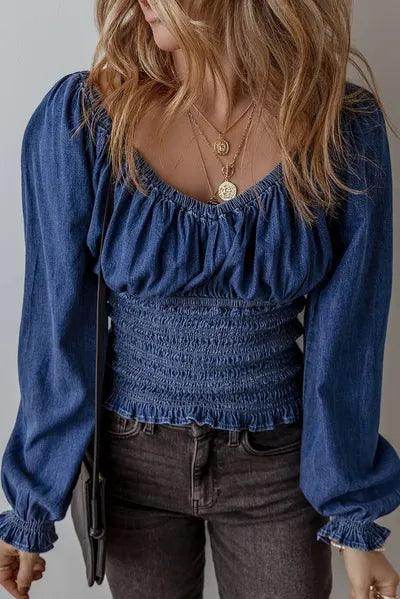 Smocked Long Sleeve Denim Top for Women Stylish Casual Wear