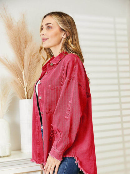 Distressed Raw Hem Denim Jacket for Relaxed Fit Style