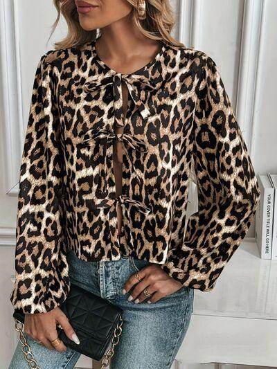 Tied Leopard Round Neck Long Sleeve Top for Women