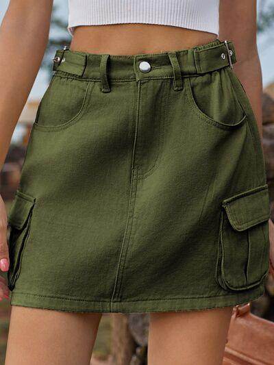 Adjustable Waist Denim Skirt with Pockets for Women