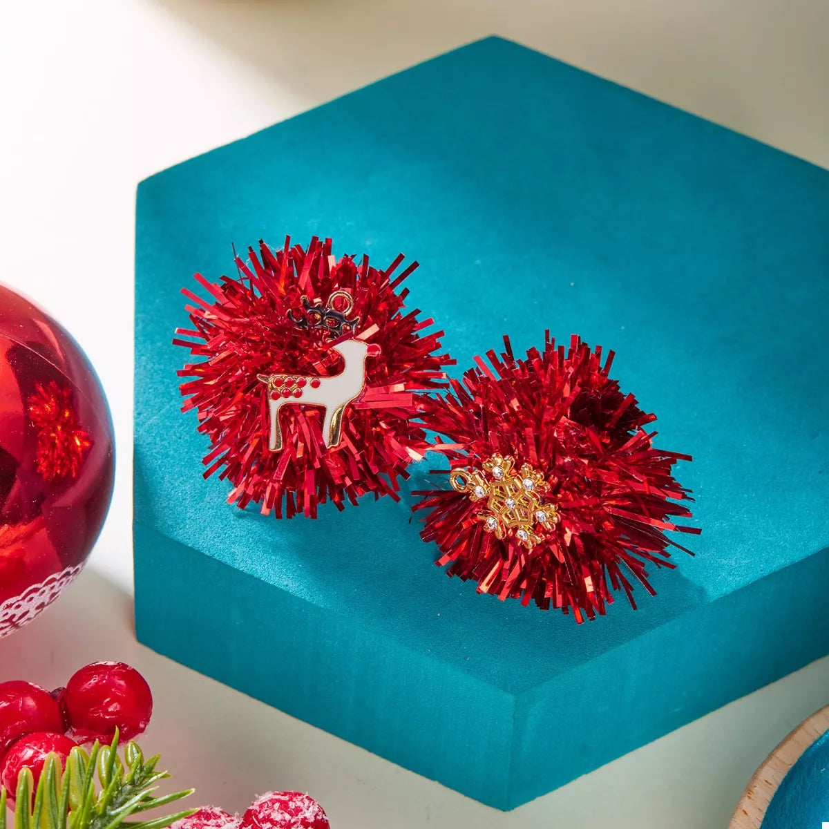 Christmas Asymmetrical Tinsel Ball Earrings