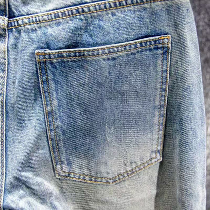 Embroidered Patch Ripped Denim Shorts For Men