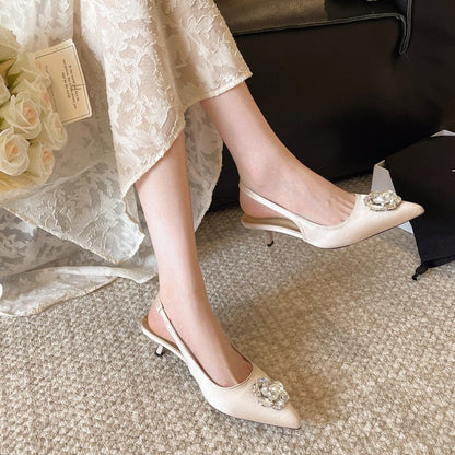 2026 Summer Women  Rhinestone Camellia Pointed Toe High Heel Sandals, Elegant Slim Fit Stiletto Closed Toe Pumps