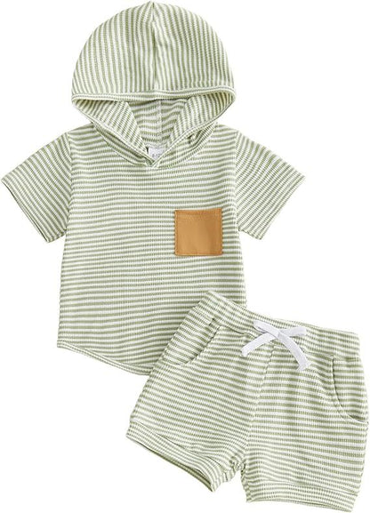 Baby Boy Striped Waffle-Weave Hooded Set