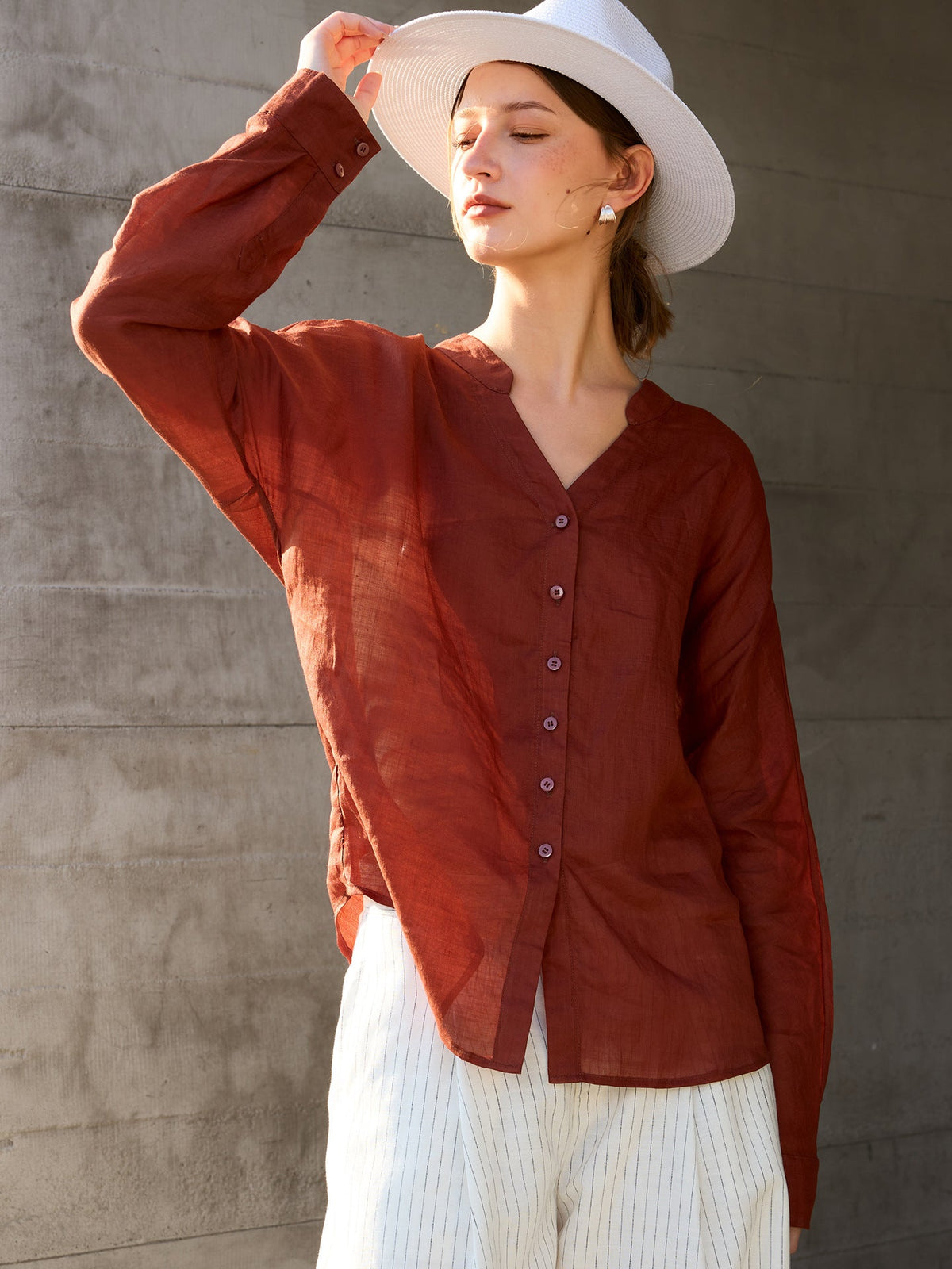 Ramie V-Neck Long Sleeve Blouse