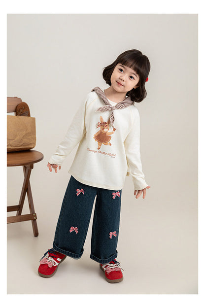 Bow-Embroidered Denim Wide-Leg Jeans For Girls