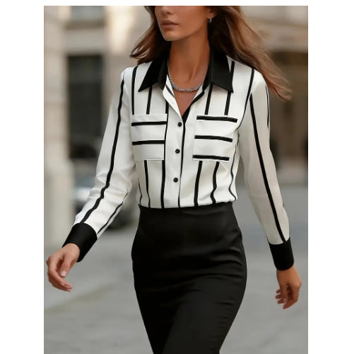Womens Casual Loose-fit Long-sleeve Shirt With Vertical Striped Color-block Design