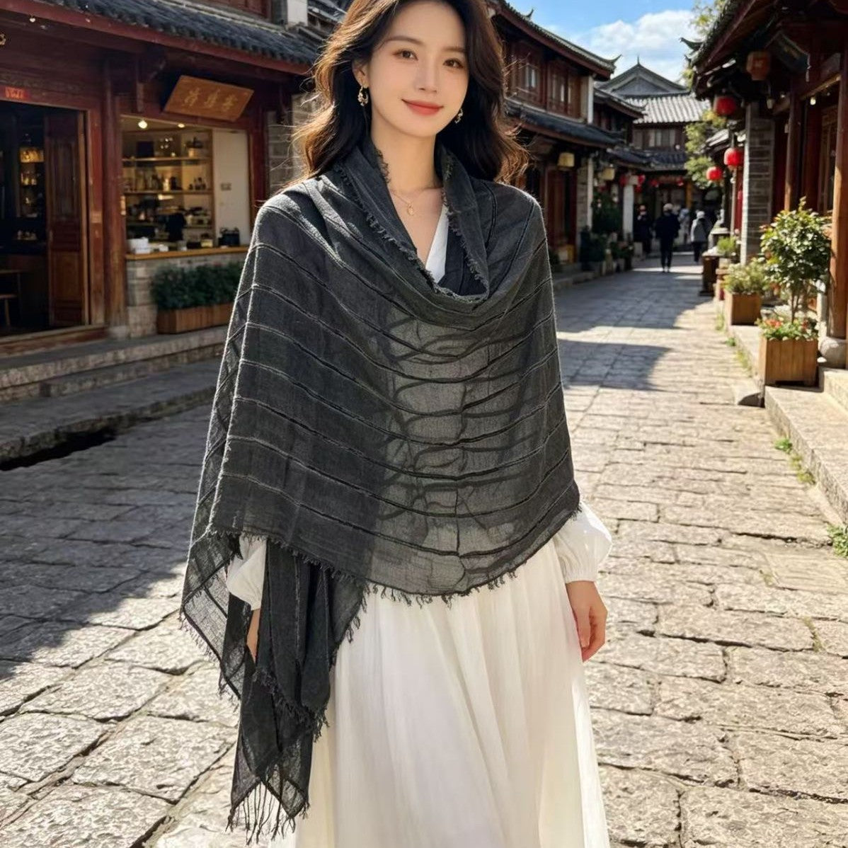 Cotton-linen Striped Shawl