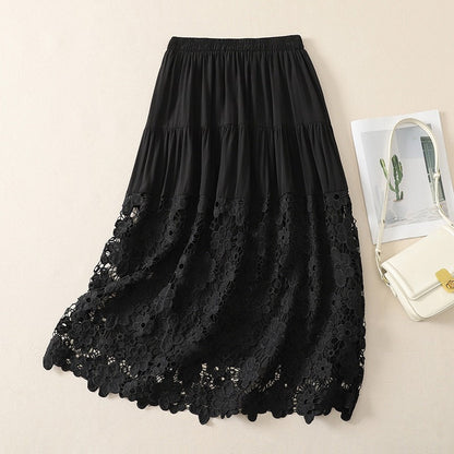 Hollow Out Lace Panel High-waisted A Line Skirt That Flatters The Figure And Offers A Slimming