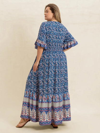Plus Size Printed Surplice Half Sleeve Dress