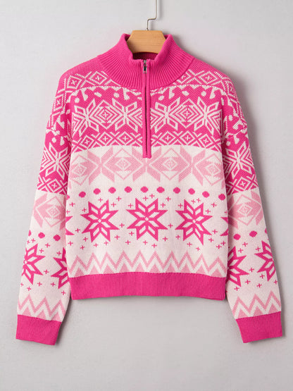 Christmas Snowflake Quarter Zip Collard Sweater