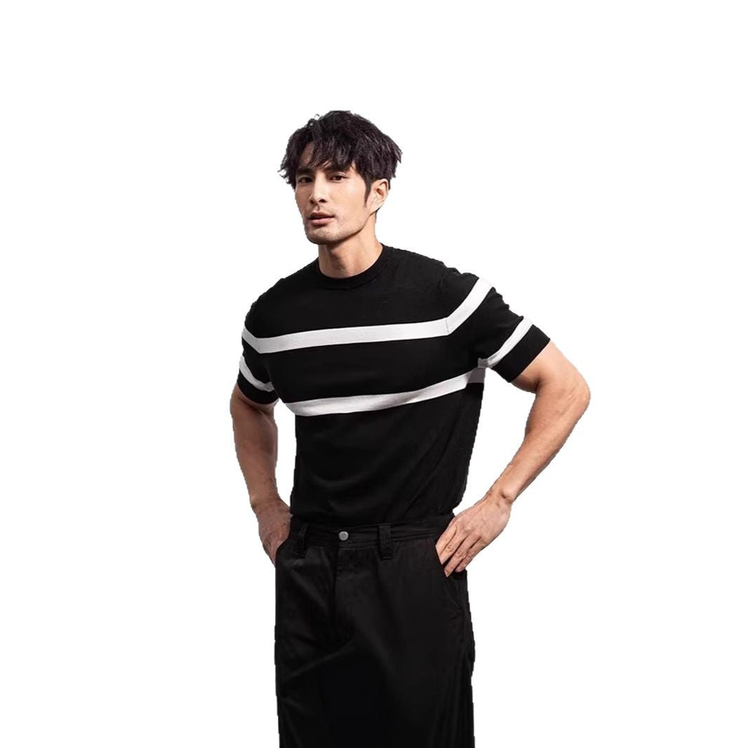 Men's Retro-style Round-neck Knitted Top With Ice Silk Short Sleeves