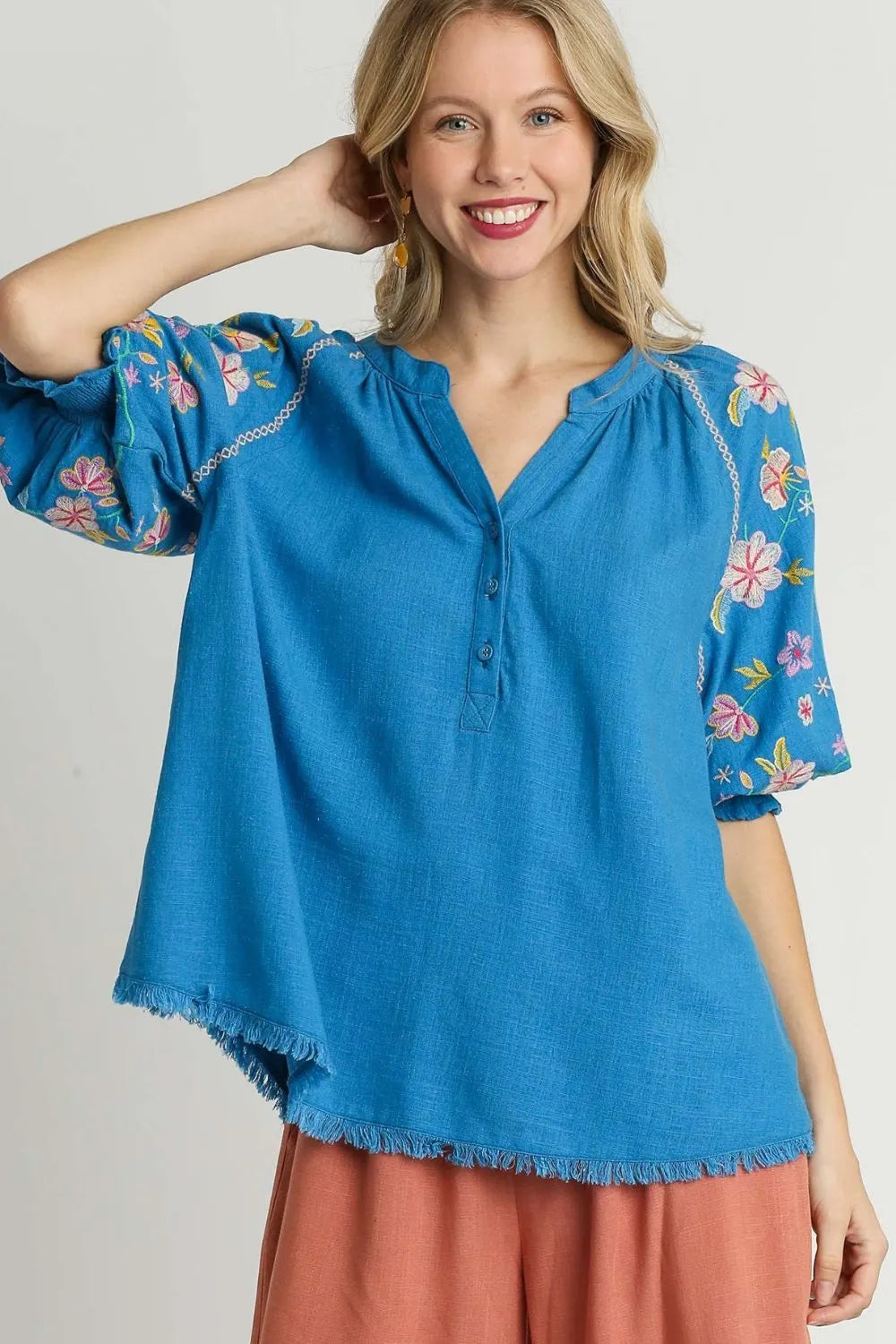 Umgee Full Size Half Button Top with Embroidery Sleeves Plus Size
