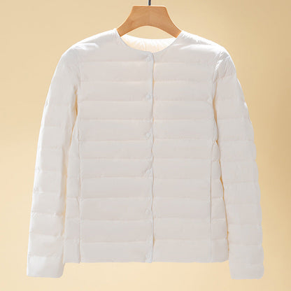 Round-neck Long-sleeved White Down Jacket In Large Size